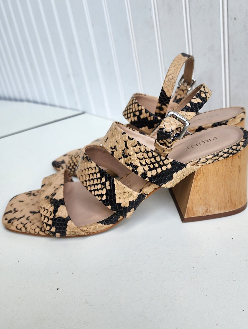 PRUNE Reptile Print Slingback Sandals Beige Tan Black Sandals Block Heels 37 7